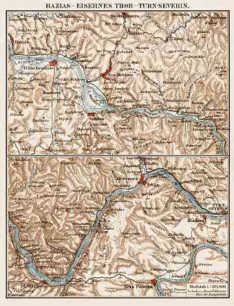 Danube River Course from Báziás (Socol, Baziaş) to the Iron Gates (Eisernes Thor) and Turn-Severin, region map, 1903