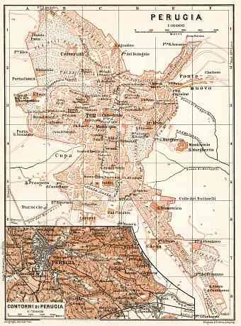 Perugia, city map. Environs of Perugia map, 1909