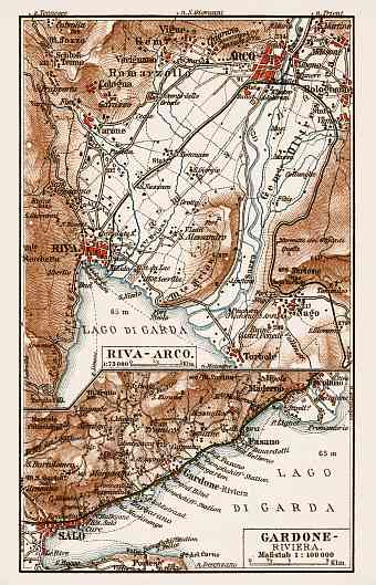 Riva - Arco and Gardone Riviera region map, 1913