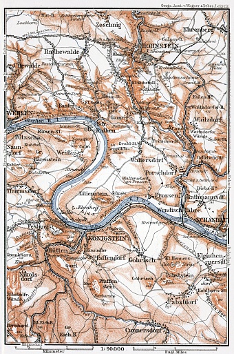 Sächsische Schweiz (Saxonian Switzerland) map from Wehlen to Schandau, 1911