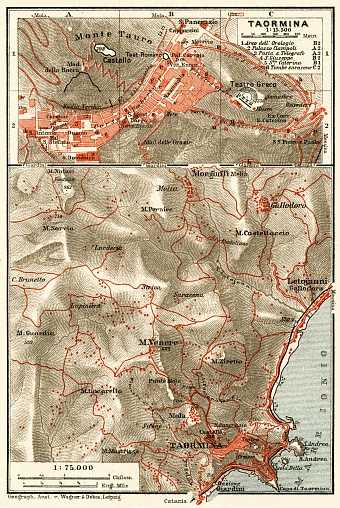 Taormina town plan. Environs of Taormina map, 1929