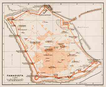 Famagusta (Αμμόχωστος, Ammochostos, Gazimağusa) city map, 1914