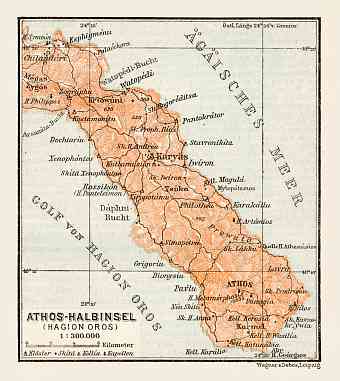 Athos Peninsula (Hagion Oros, Ἁγίου Ὄρους) map, 1914