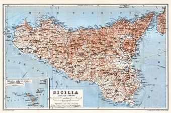 Sicilia (Sicily) map with Lipari Isle map inset, 1912