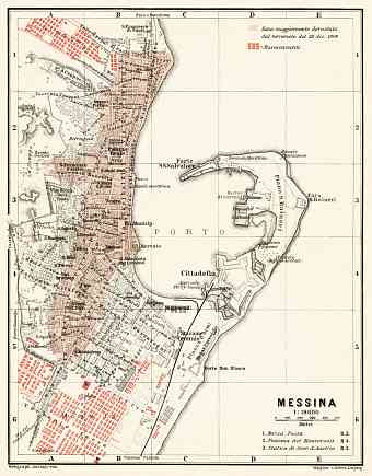 Messina city map, 1912. With display of areas suffered from earthquake on 21.12.1908