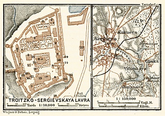 Sergiev Posad (Сергiевъ Посадъ, now Sergievo) environs map with Troitse-Sergieva Laura plan inset, 1914