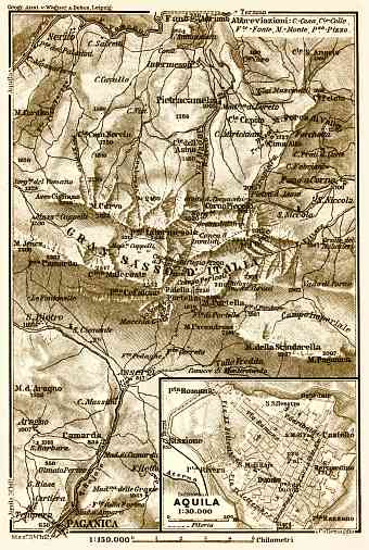 Gran Sasso d´Italia environs map with l´Aquila town plan, 1912