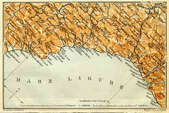 Italian Genoese Riviera (Rivière) from Savona to Genoa, map, 1908