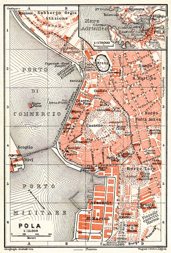 Pola (Pula) city map and environs map, 1913