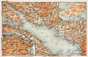 Map of the Thurgau, St. Gallen and Schaffhausen cantons' environs of the Lake Constance (Bodensee) with Lindau town plan, 1909