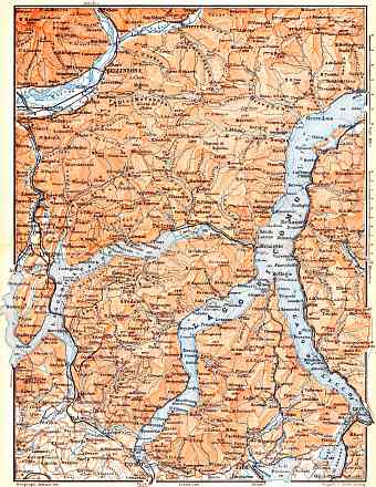 Southeast Switzerland on the map of Como and Lugano Lakes environs, 1898