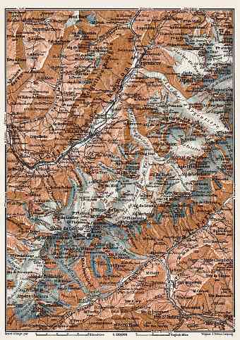 North Courmayeur on the map of Mont Blanc and Chamonix Valley, 1909